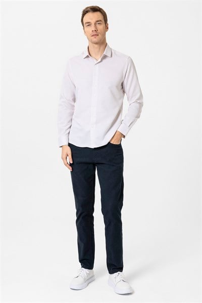 Bej Slim Fit Armürlü Klasik Yaka Gömlek