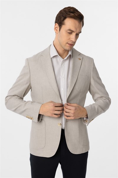 Bej Slim Fit Armürlü Mono Yaka 6 Drop Ceket