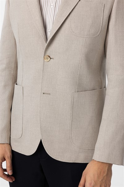 Bej Slim Fit Armürlü Mono Yaka 6 Drop Ceket