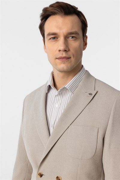 Bej Slim Fit Baskılı Kruvaze Yaka 6 Drop Ceket
