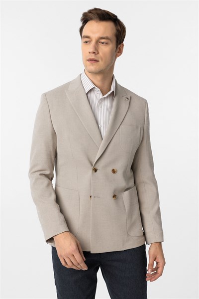 Bej Slim Fit Baskılı Kruvaze Yaka 6 Drop Ceket