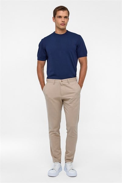 Bej Slim Fit Desenli Kumaş Pantolon