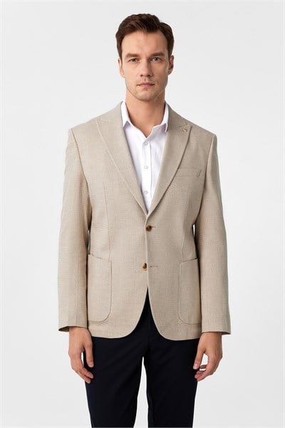 Bej Slim Fit Desenli Sivri Yaka 6 Drop Ceket