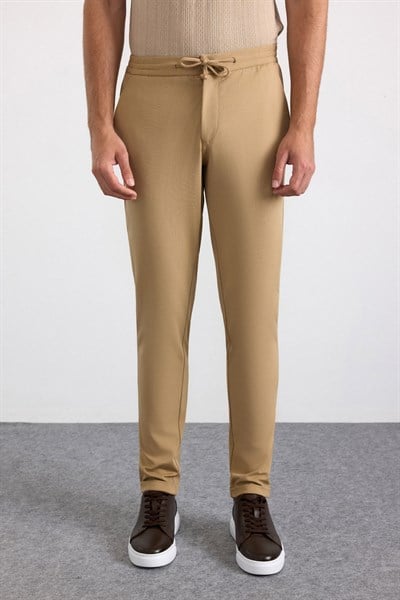 Bej Slim Fit Düz Jogger Pantolon