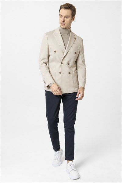 Bej Slim Fit Düz Sivri Yaka 6 Drop Ceket
