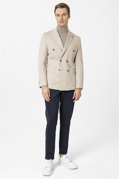 Bej Slim Fit Düz Sivri Yaka 6 Drop Ceket