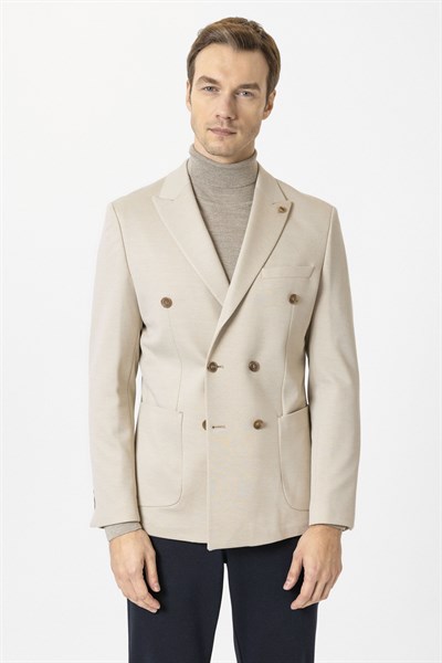 Bej Slim Fit Düz Sivri Yaka 6 Drop Ceket