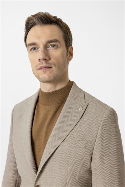 Bej Slim Fit Düz Sivri Yaka 6 Drop Ceket