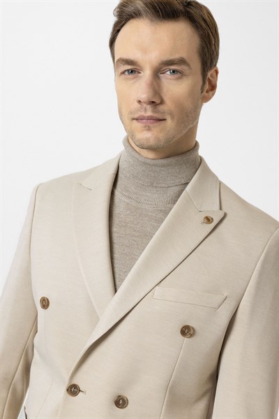 Bej Slim Fit Düz Sivri Yaka 6 Drop Ceket