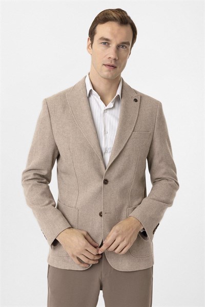 Bej Slim Fit Sivri Yaka 6 Drop Ceket