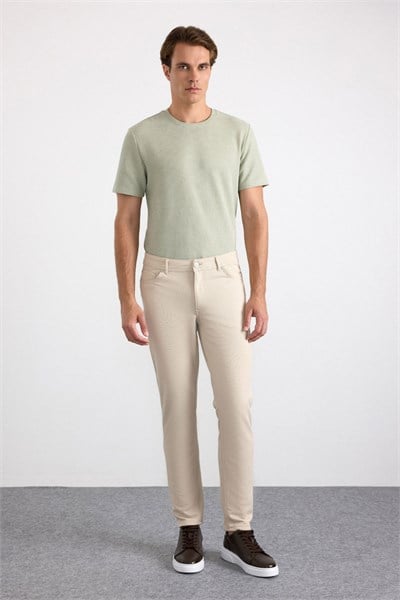 Bej Slim Karışık Desen Armürlü Normal Bel Casual Pantolon