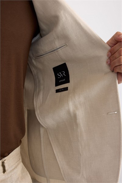 Bej Slim Mono Yaka Düz Poplin Torba Cep Standart 6 Drop Klasik Ceket