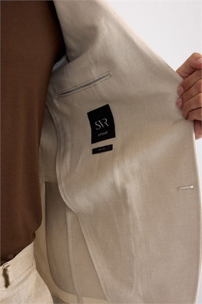 Bej Slim Mono Yaka Düz Poplin Torba Cep Standart 6 Drop Klasik Ceket