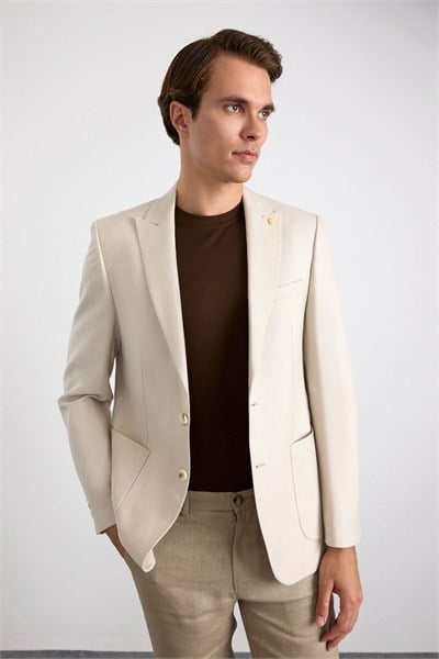 Bej Slim Mono Yaka Düz Poplin Torba Cep Standart 6 Drop Klasik Ceket