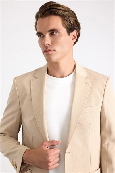 Bej Slim Mono Yaka Düz Torba Cep 6 Drop Takım Elbise
