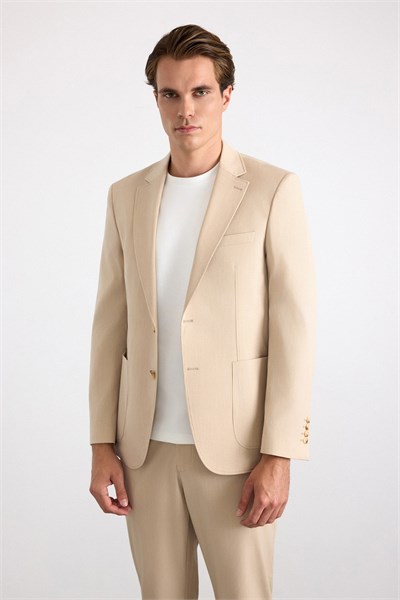 Bej Slim Mono Yaka Düz Torba Cep 6 Drop Takım Elbise