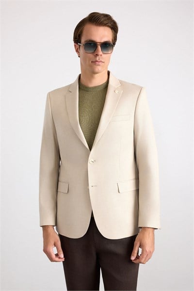 Bej Slim Mono Yaka Torba Cep 6 Drop Klasik Ceket
