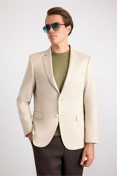 Bej Slim Mono Yaka Torba Cep 6 Drop Klasik Ceket