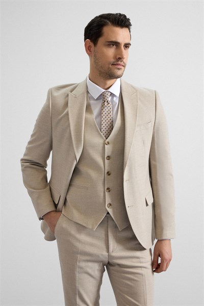 Bej Slim Sivri Yaka 6 Drop Yelekli Takım Elbise