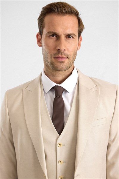 Bej Slim Sivri Yaka Düz Armürlü Kapaklı Cep Standart 6 Drop Yelekli Takım Elbise