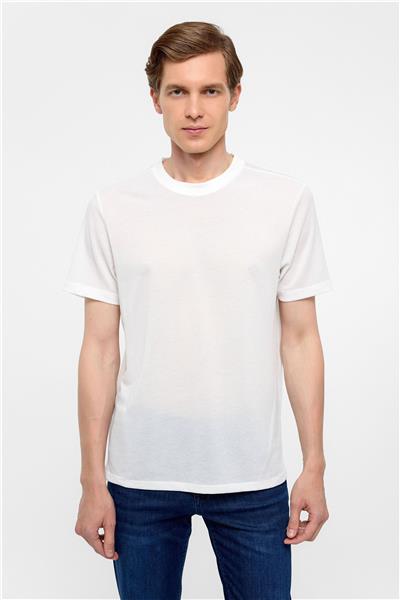 Beyaz Regular Armürlü Bisiklet Yaka Tişört