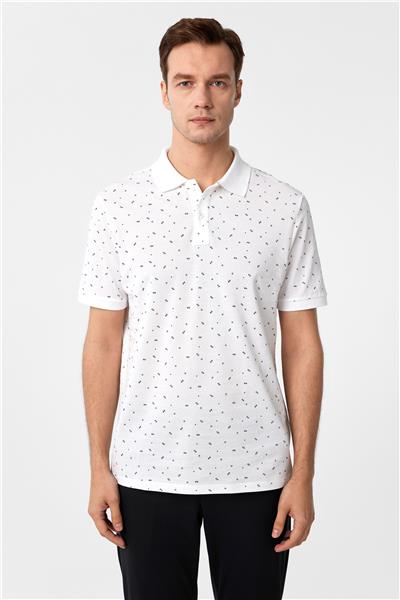 Beyaz Regular Baskılı Polo Yaka Tişört