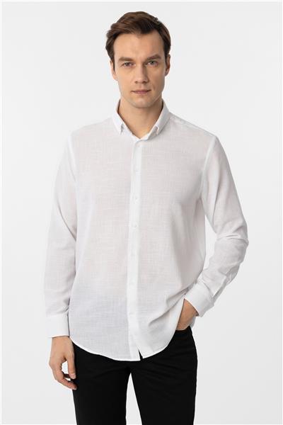 Beyaz Regular Fit Desenli Düğmeli Yaka Gömlek