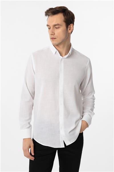 Beyaz Regular Fit Desenli Düğmeli Yaka Gömlek