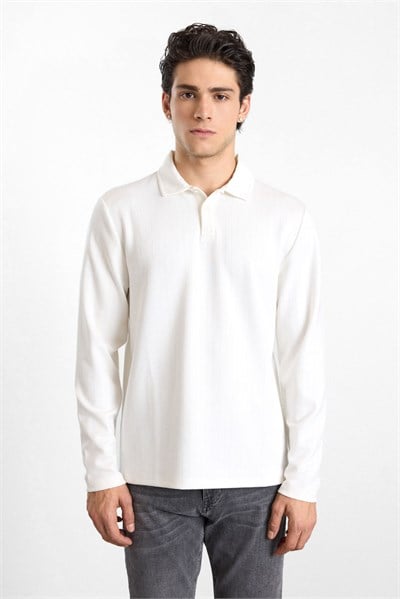Beyaz Regular Dikey Çizgili Baskısız Jakarlı V Pat Polo Yaka Cepsiz Sweatshirt