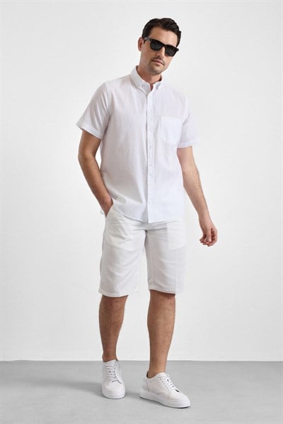 Beyaz Regular Düğmeli Yaka Düz Kısa Kollu Casual Gömlek