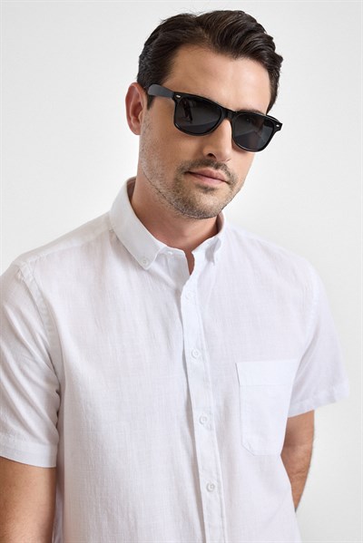 Beyaz Regular Düğmeli Yaka Düz Kısa Kollu Casual Gömlek