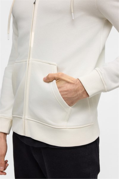 Beyaz Regular Düz Bisiklet Yaka Fermuarlı Sweatshirt