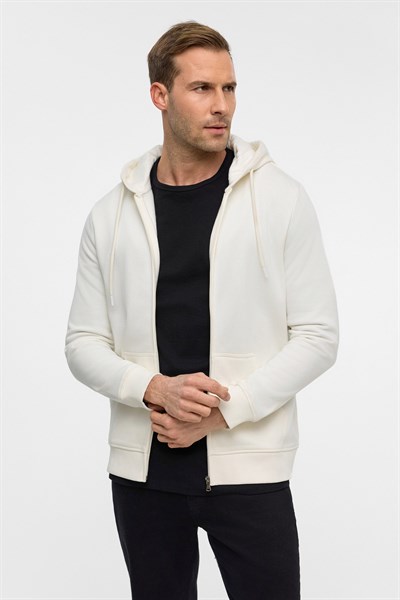Beyaz Regular Düz Bisiklet Yaka Fermuarlı Sweatshirt
