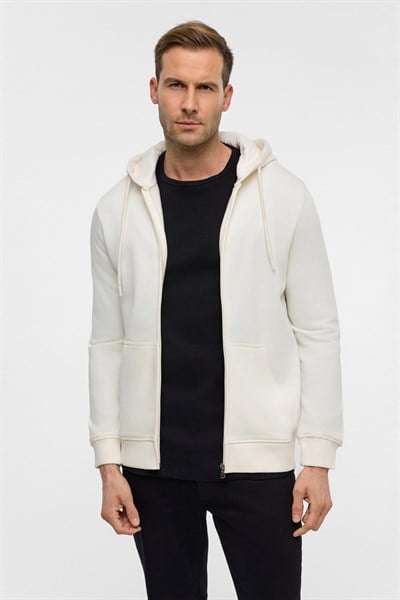 Beyaz Regular Düz Bisiklet Yaka Fermuarlı Sweatshirt