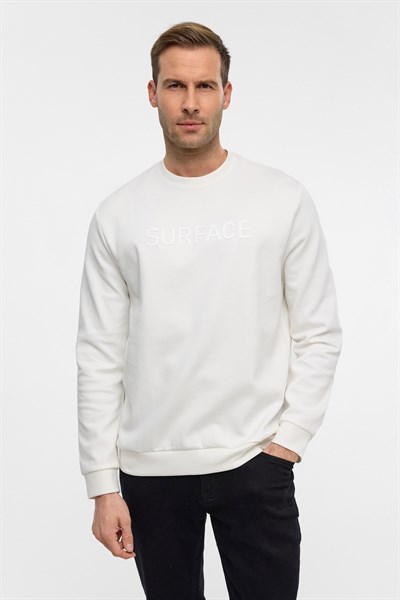 Beyaz Regular Düz Bisiklet Yaka Sweatshirt