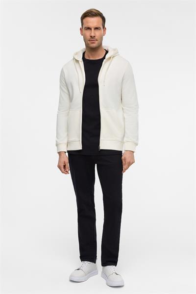 Beyaz Regular Düz Bisiklet Yaka Fermuarlı Sweatshirt