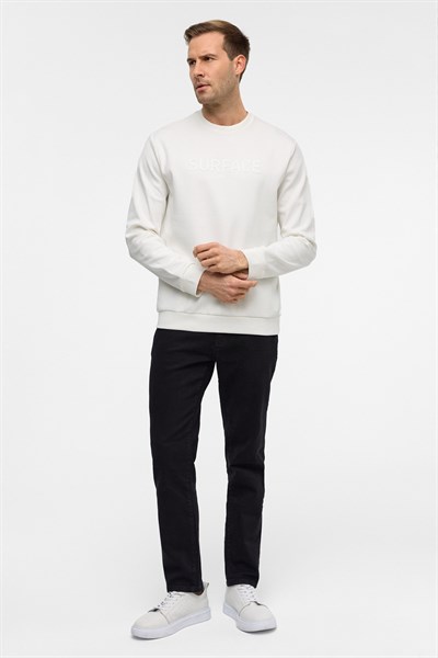 Beyaz Regular Düz Bisiklet Yaka Sweatshirt