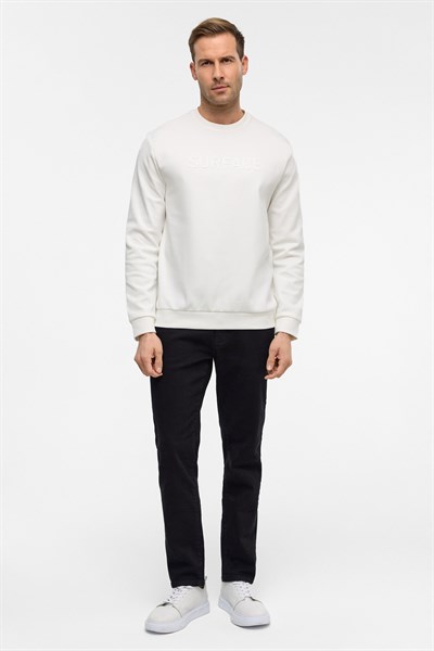 Beyaz Regular Düz Bisiklet Yaka Sweatshirt