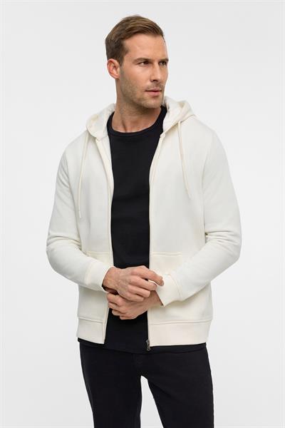 Beyaz Regular Düz Bisiklet Yaka Fermuarlı Sweatshirt