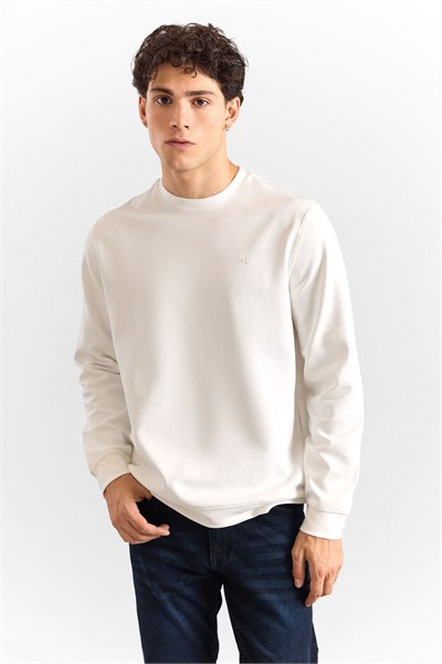 Beyaz Regular Düz Bisiklet Yaka Sweatshirt
