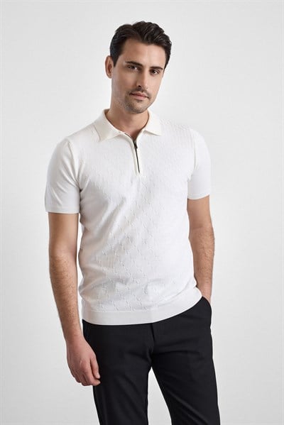 Beyaz Regular Düz Fermuarlı Polo Yaka Triko Tişört