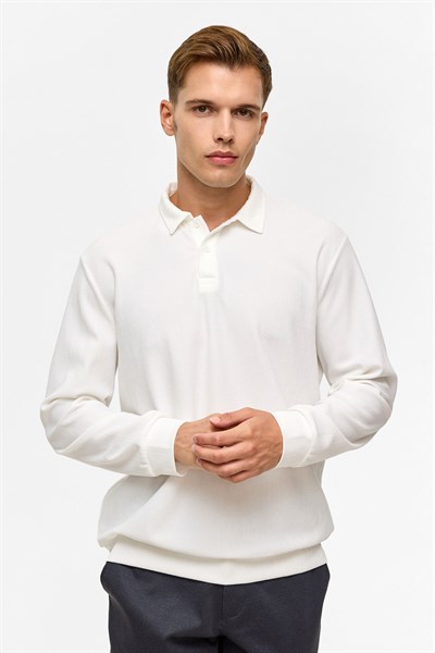 Beyaz Regular Düz Polo Yaka Sweatshirt