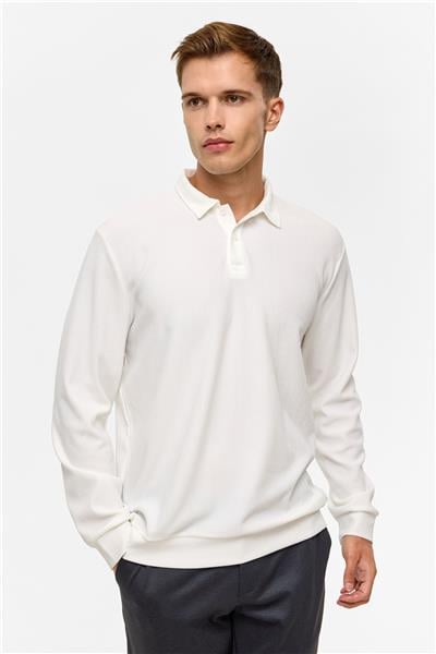 Beyaz Regular Düz Polo Yaka Sweatshirt
