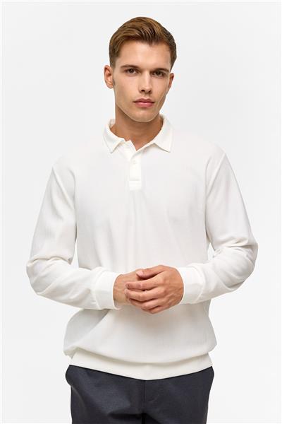 Beyaz Regular Düz Polo Yaka Sweatshirt