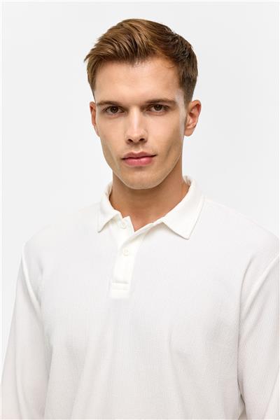 Beyaz Regular Düz Polo Yaka Sweatshirt