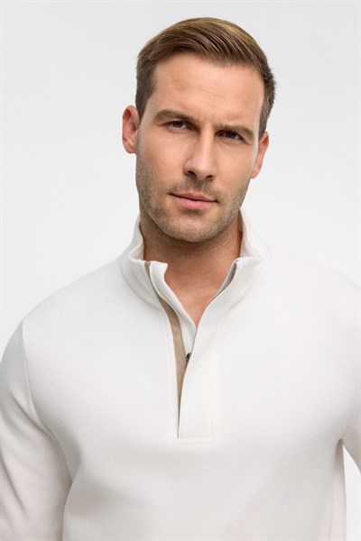 Beyaz Regular Düz Polo Yaka Sweatshirt