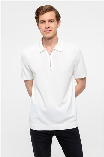 Beyaz Regular Düz Polo Yaka Triko Tşört 