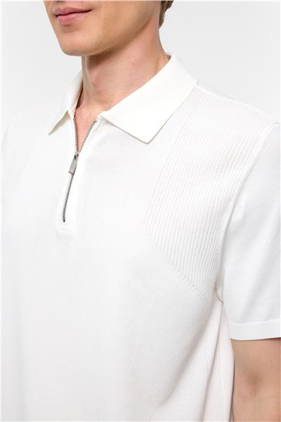 Beyaz Regular Düz Polo Yaka Triko Tşört 
