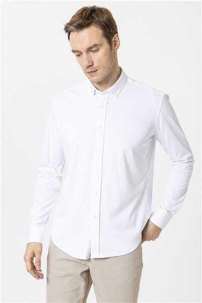 Beyaz Slim Fit Armürlü Düğmeli Yaka Gömlek