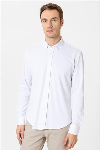 Beyaz Slim Fit Armürlü Düğmeli Yaka Gömlek